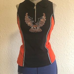 Harley Davidson sleeveless shirt.